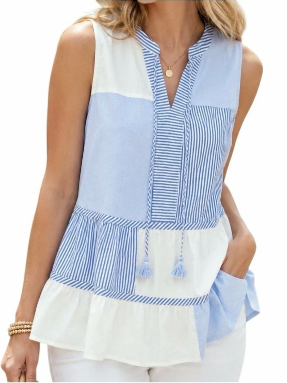 Vineyard Vines Light Blue and White Striped V-Neck Blouse